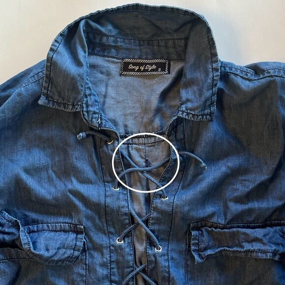Song of Style Chambray Dress Blue Denim Lace Up Front Roll Up Tab Sleeves Small - Picture 8 of 9